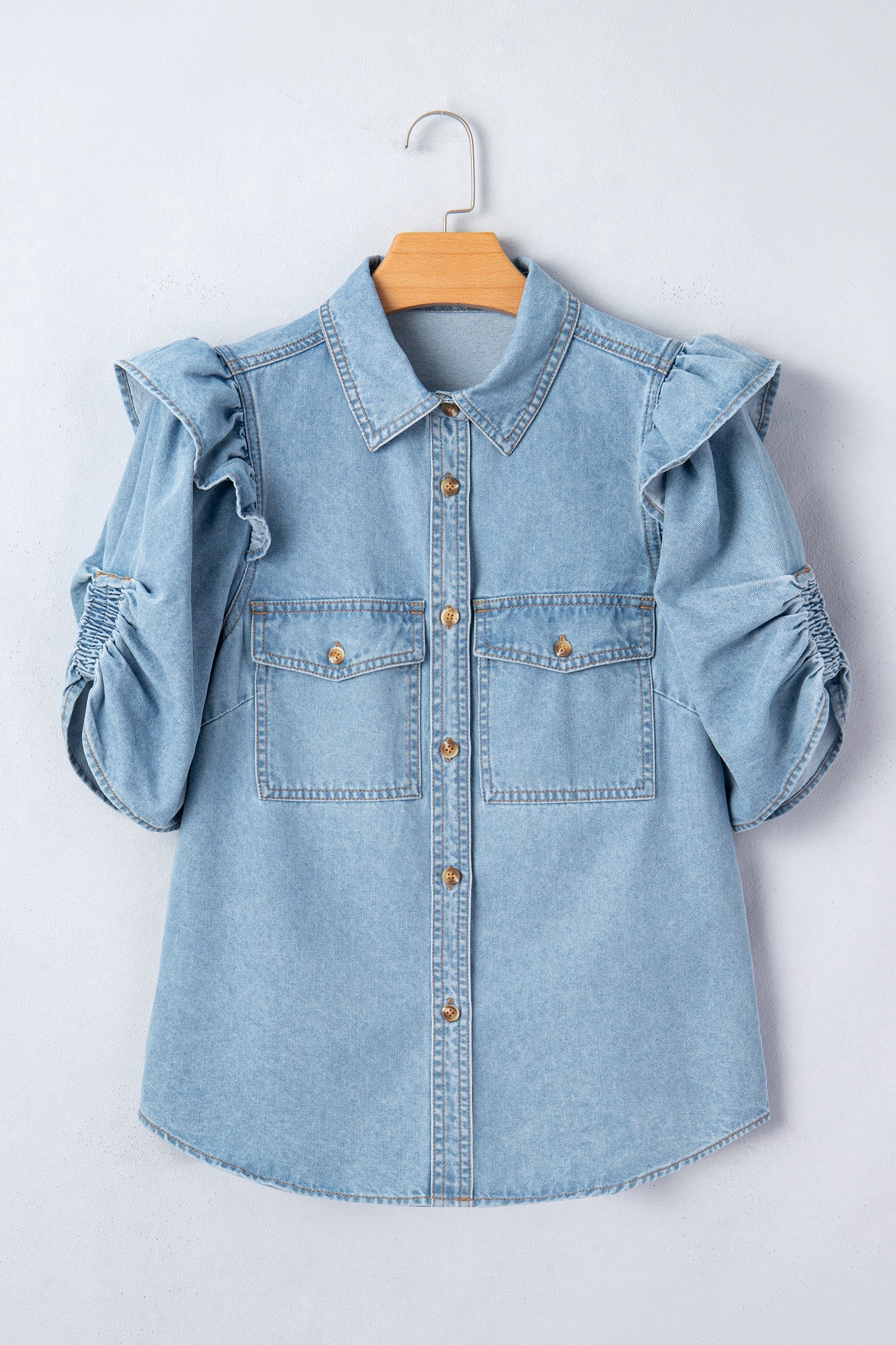 The Elodie Ruffle Sleeve Denim Blouse