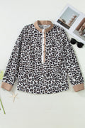 The Ava Leopard Contrast Trim Half Button Top