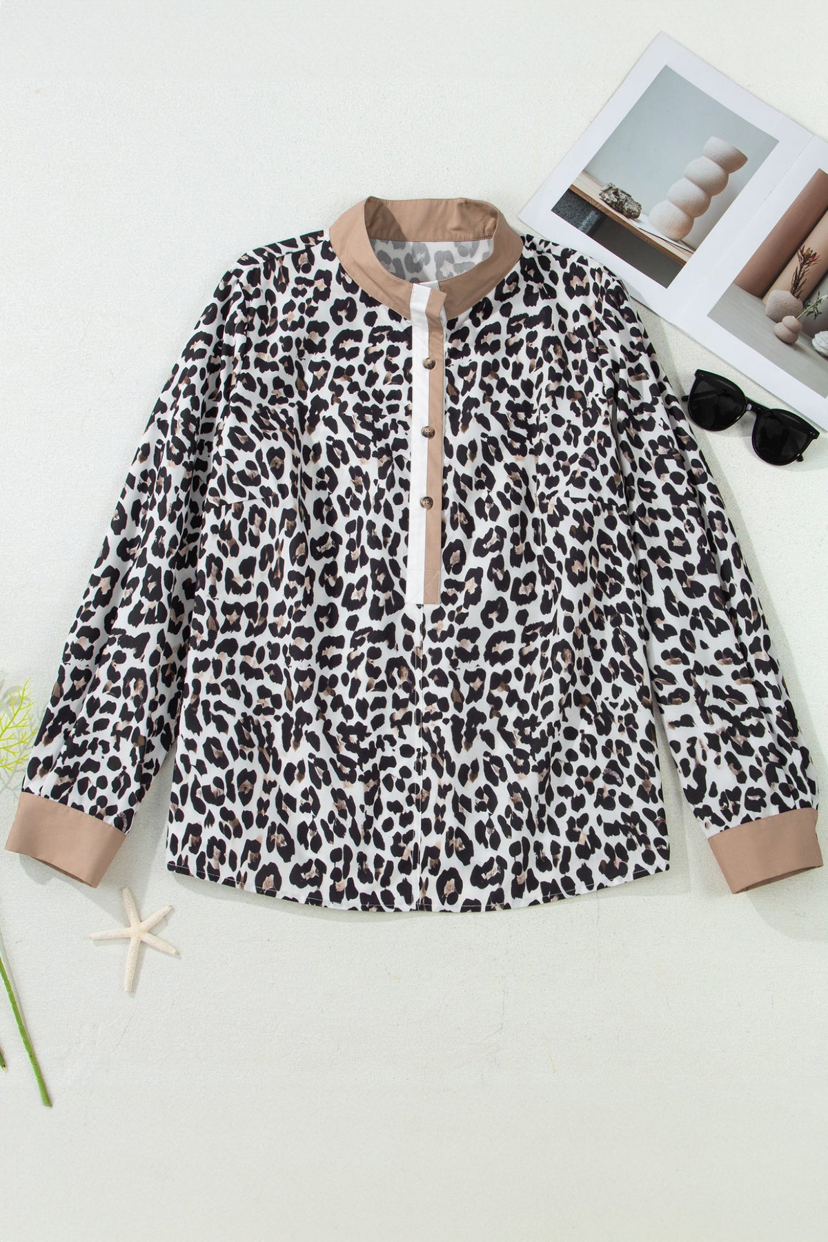 The Ava Leopard Contrast Trim Half Button Top