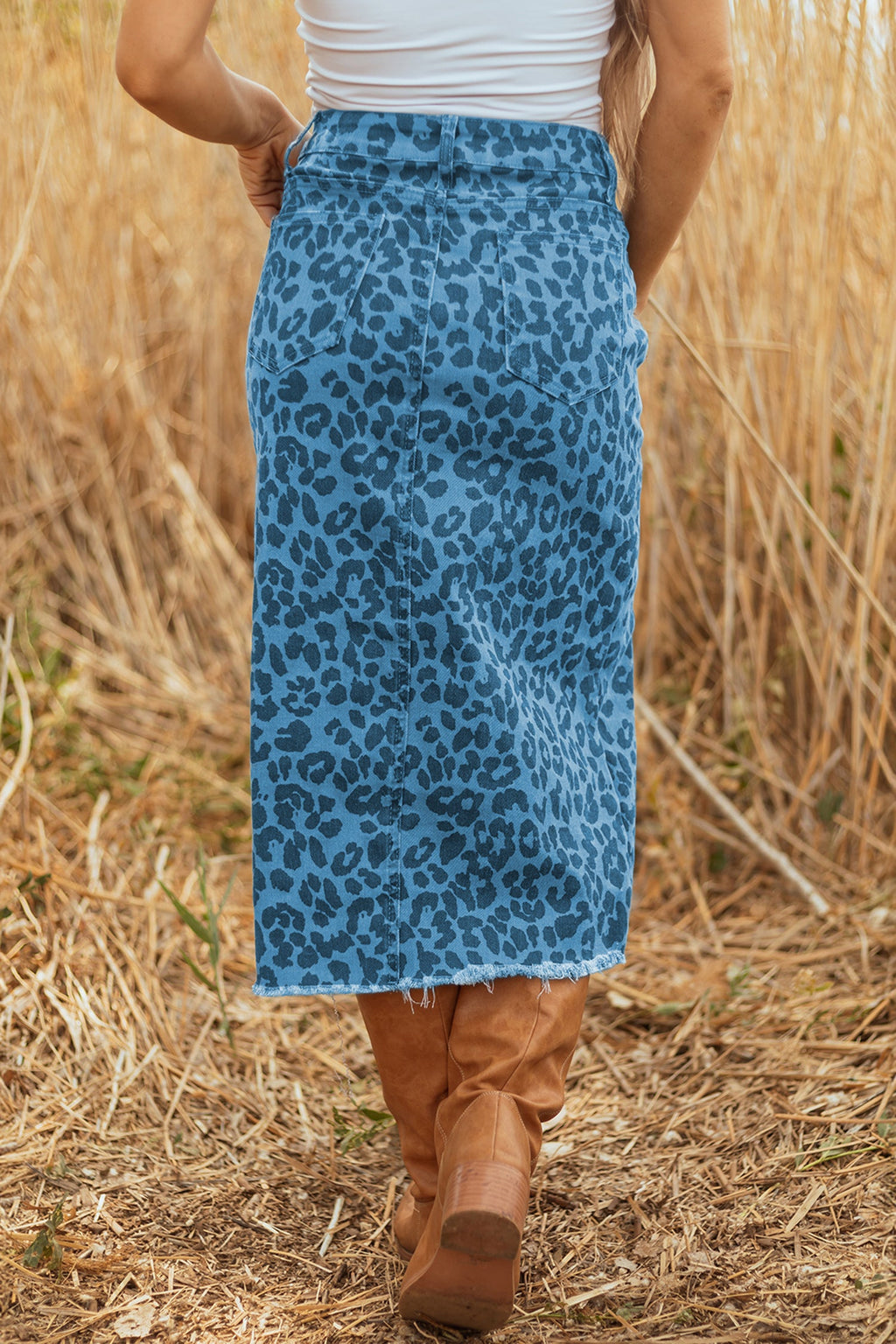 The Skyler Leopard Denim Midi Skirt