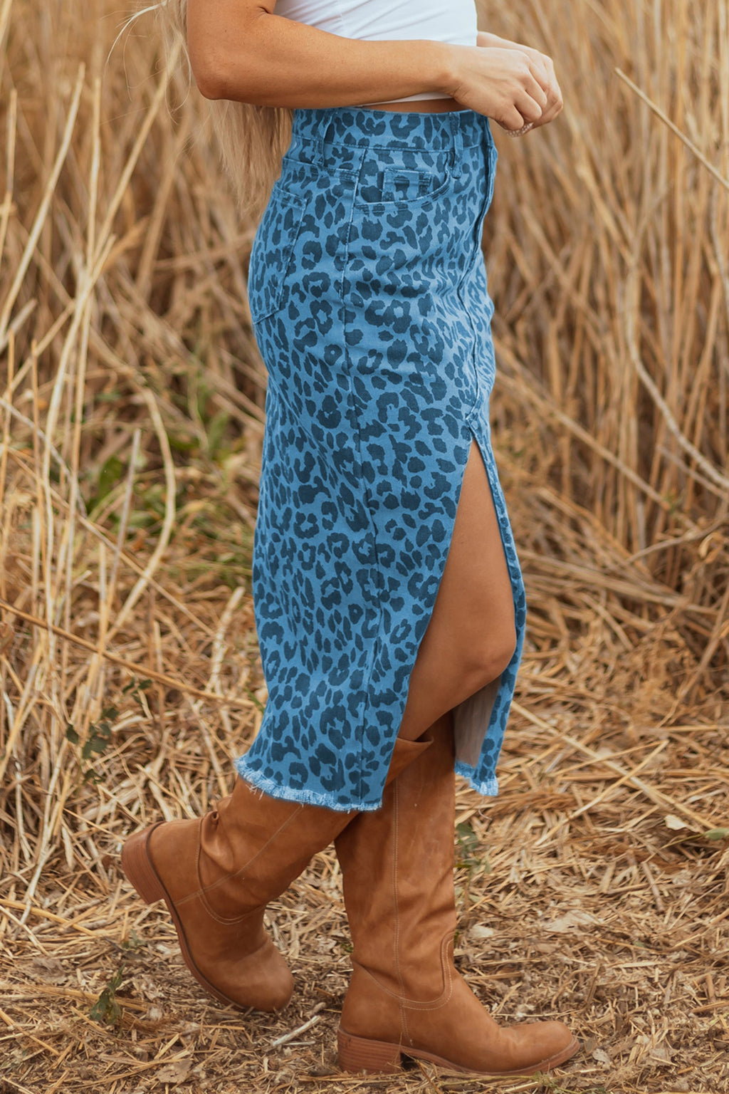 The Skyler Leopard Denim Midi Skirt