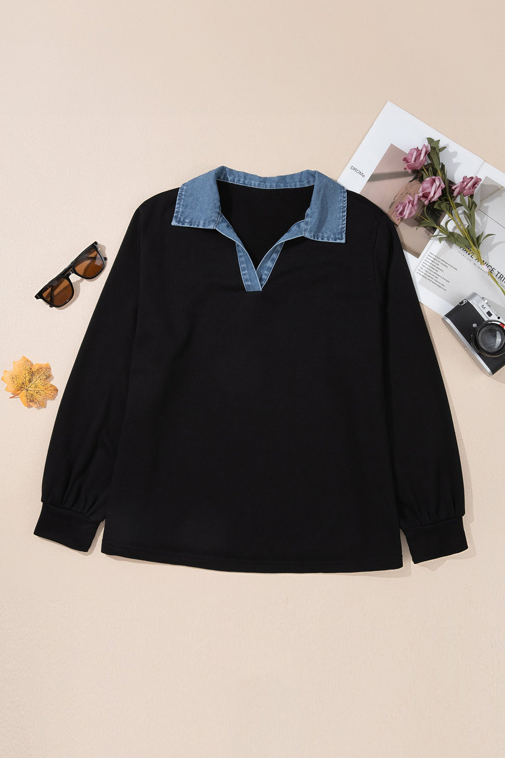The Clara Denim Collared Knit Blouse