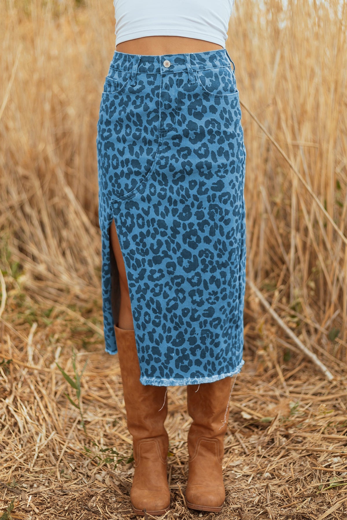 The Skyler Leopard Denim Midi Skirt