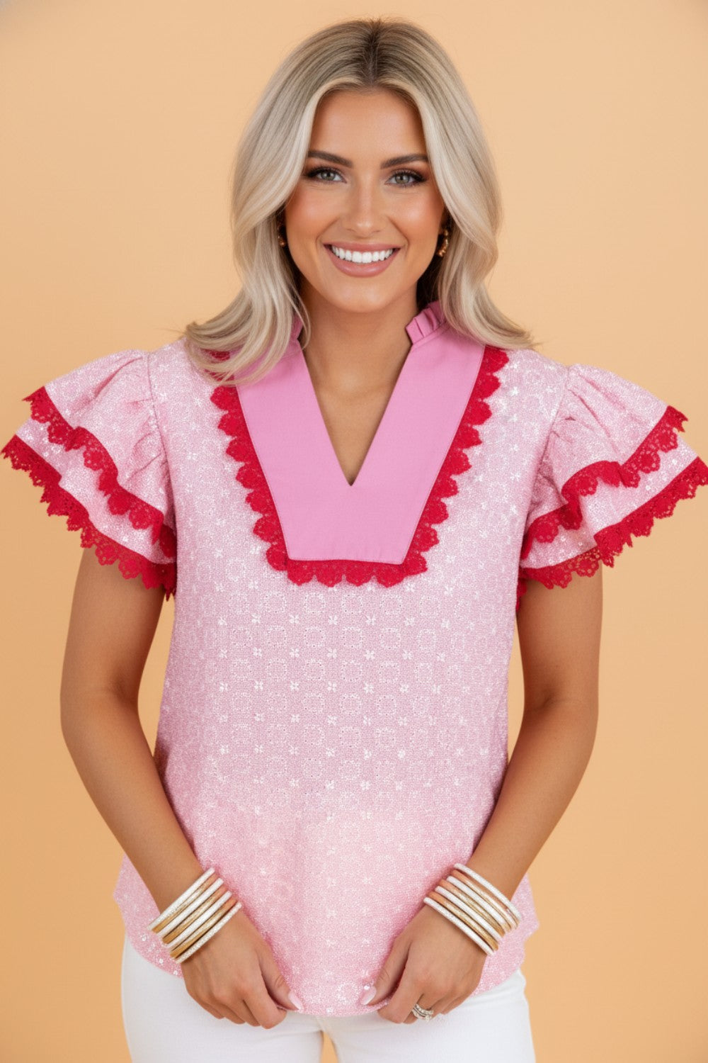 The Posie  Eyelet Embroidered Lace Flutter Sleeve Blouse