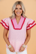 The Posie  Eyelet Embroidered Lace Flutter Sleeve Blouse