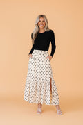 The Maggie Polka Dot Ruffle Side Slit Maxi Skirt