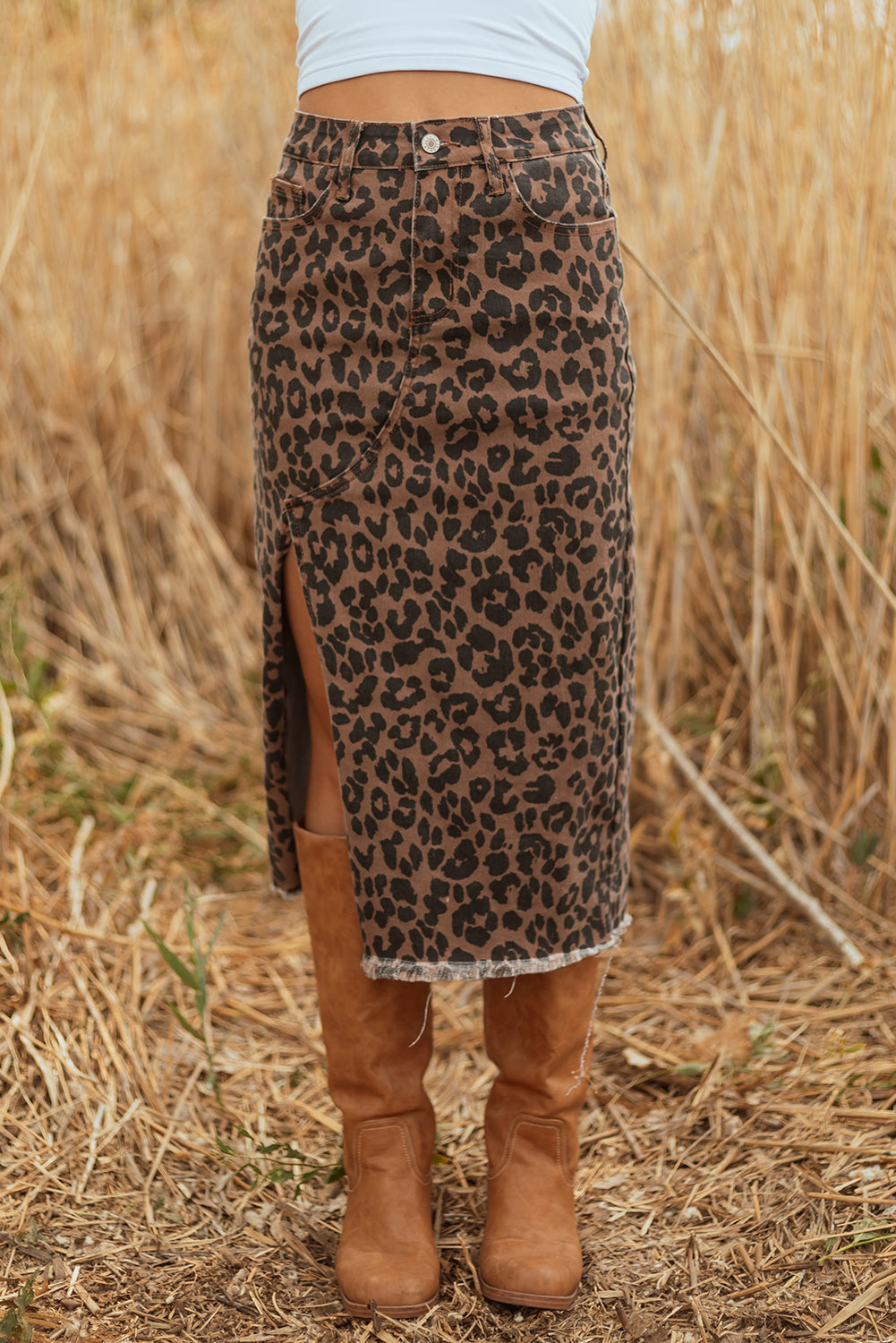 The Skyler Leopard Denim Midi Skirt