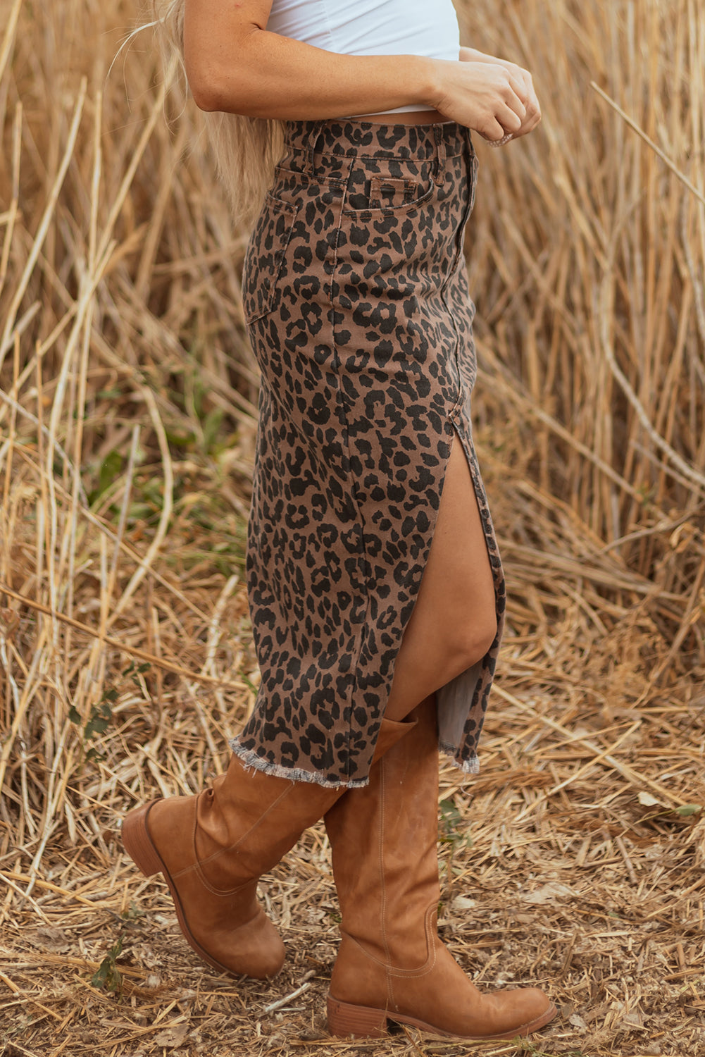 The Skyler Leopard Denim Midi Skirt