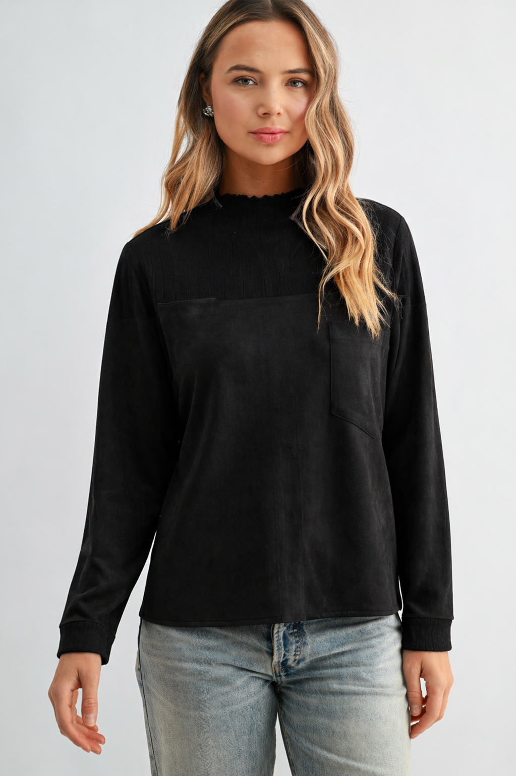 The Allie Stretch Suede Top with Ribbed Knit