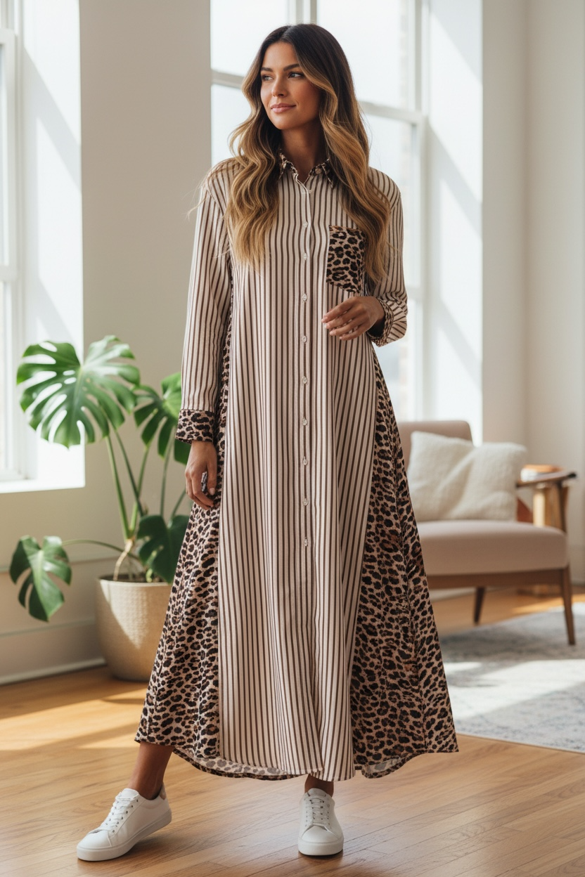 The Sophie Leopard Stripe Shirt Dress