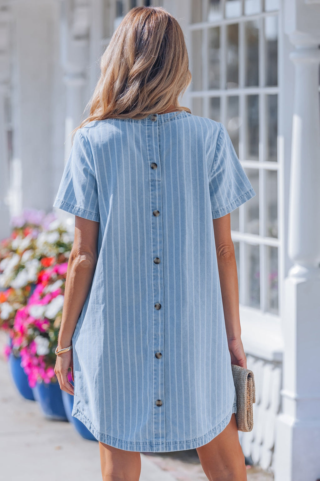 The Maeve Stripe Denim Buttoned Back Mini T-Shirt Dress