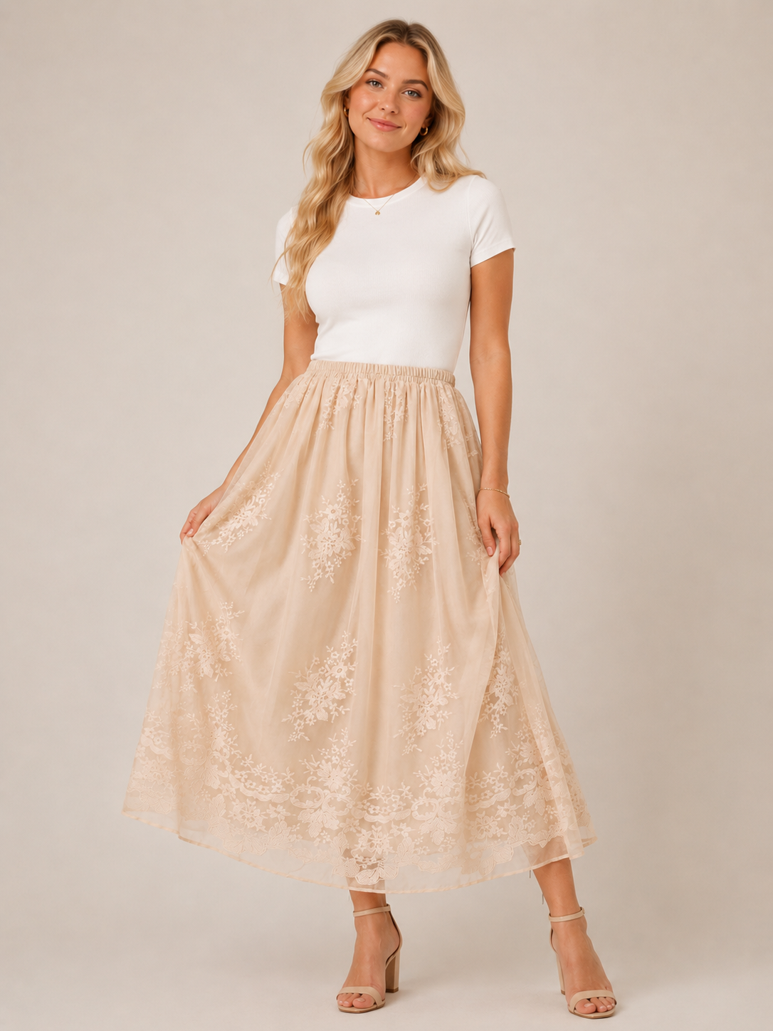 The Sophia Claire  Embroidered Mesh Overlay Midi Skirt