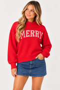 Embroidered Merry Slogan Stand Neck Long Sleeve Sweatshirt