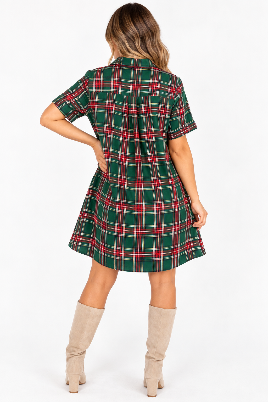 Plaid Button Front Short Sleeve Shift Dress