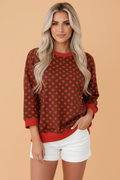 Polka Dot Contrast Trim 3/4 Sleeve Top