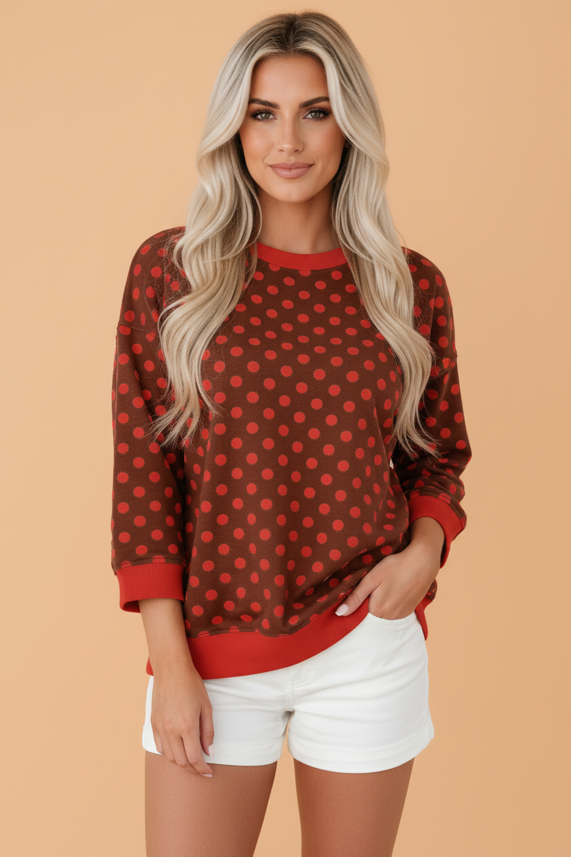 Polka Dot Contrast Trim 3/4 Sleeve Top