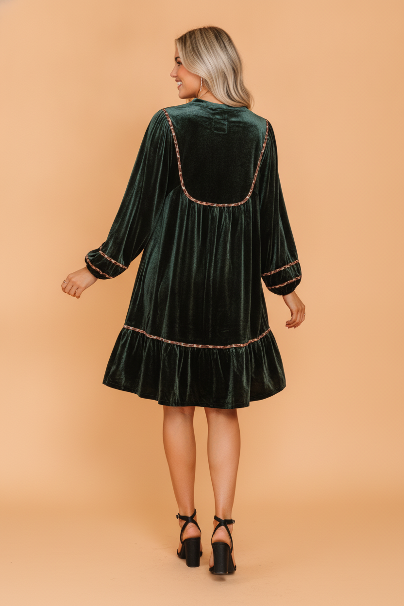 The Fern Leopard Trim Velvet Dress