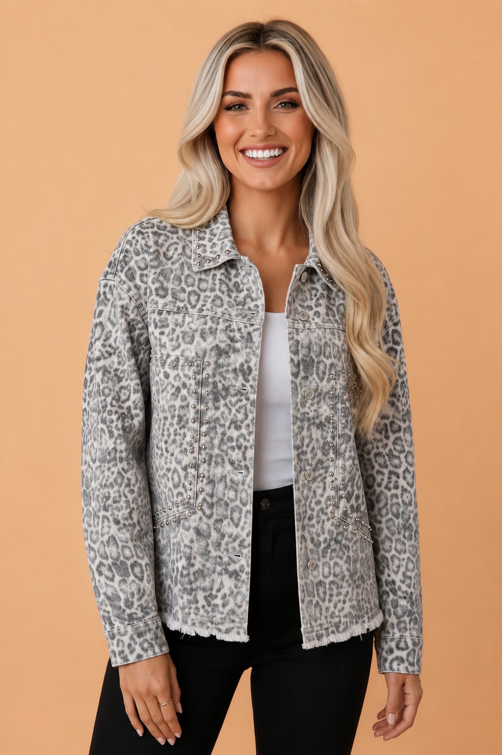 The Layla Leopard Denim Studded Jacket