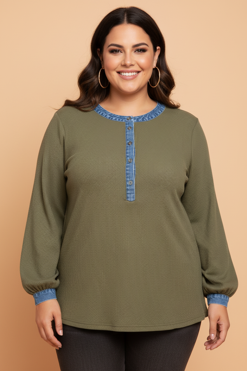 The Olive June Denim Henley Blouse