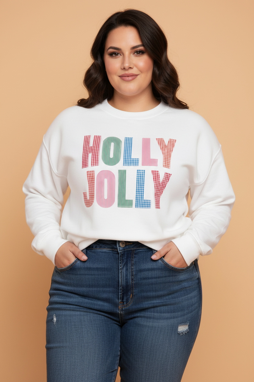 Christmas HOLLY JOLLY Gingham Patchwork Sweatshirt