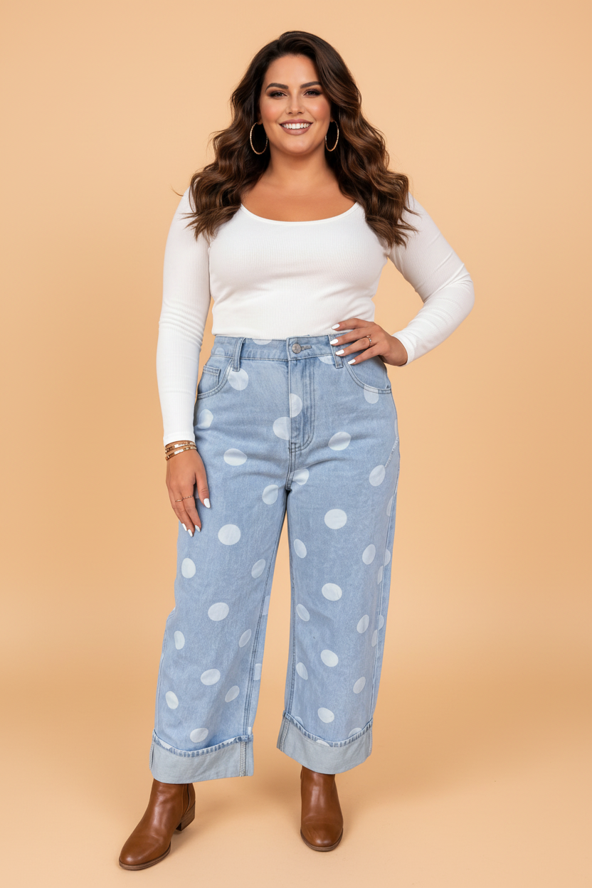 The Madeline Polka Dot Denim Barrel Leg Jeans
