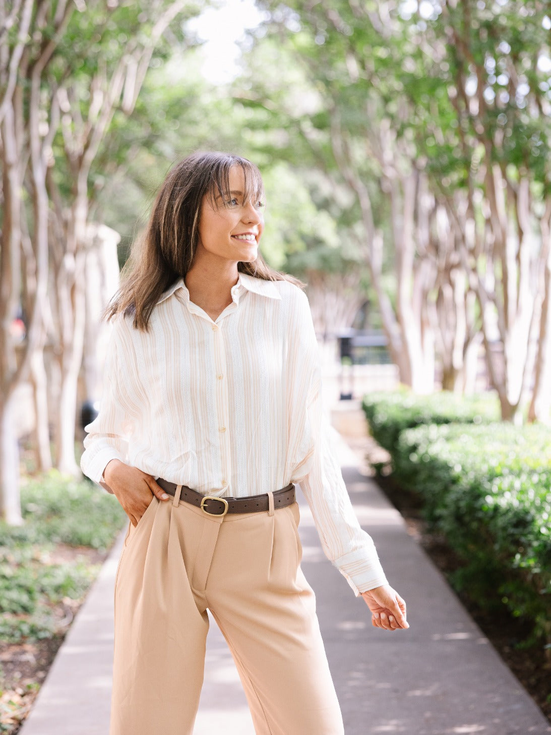 The Kate Sand Stripe Button-Up Top