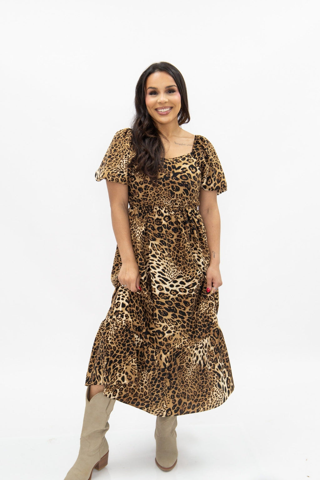 The Sloane Leopard Puff Sleeve Midi Dress