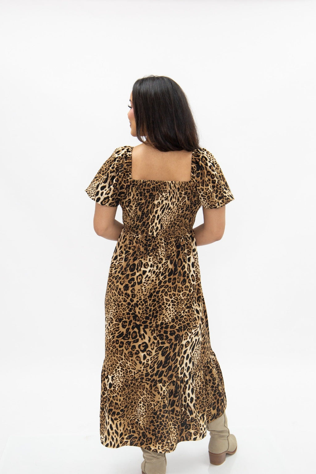 The Sloane Leopard Puff Sleeve Midi Dress