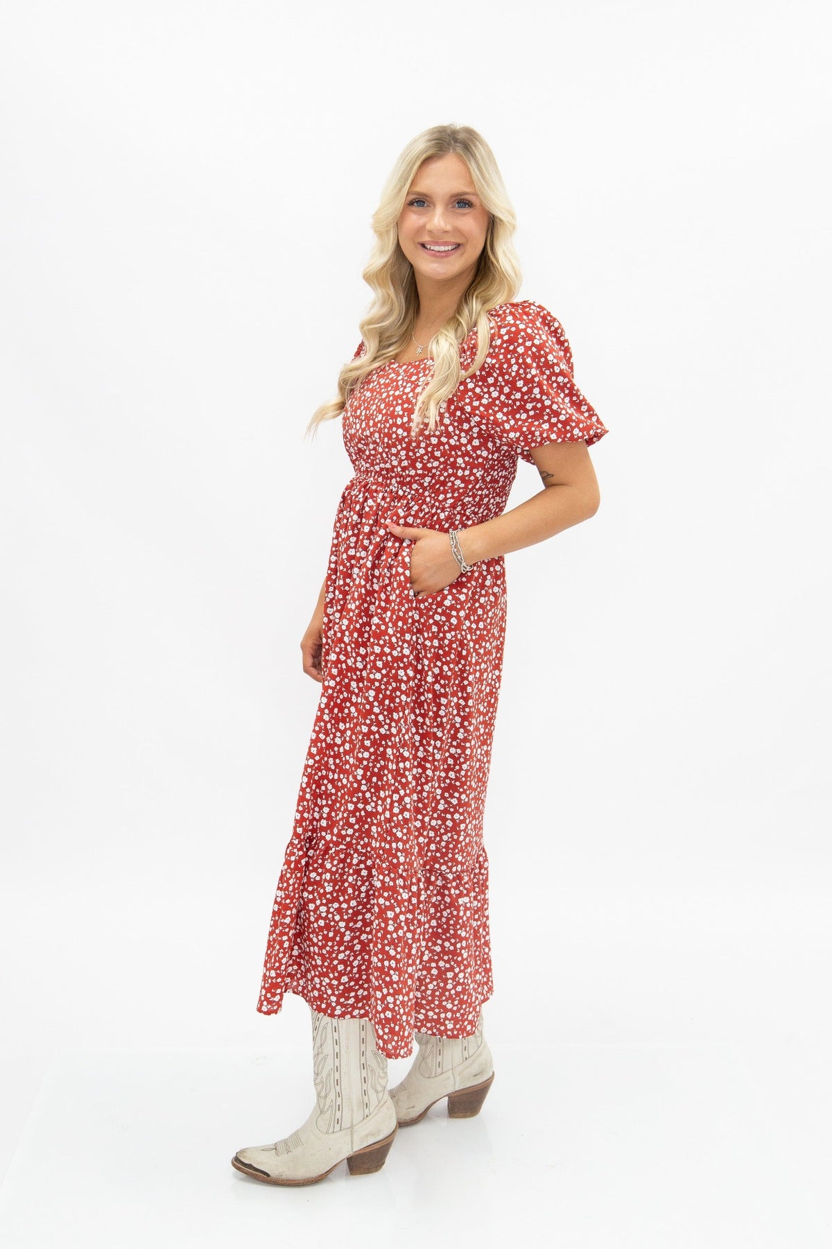 The Juliette Red Floral Midi Dress