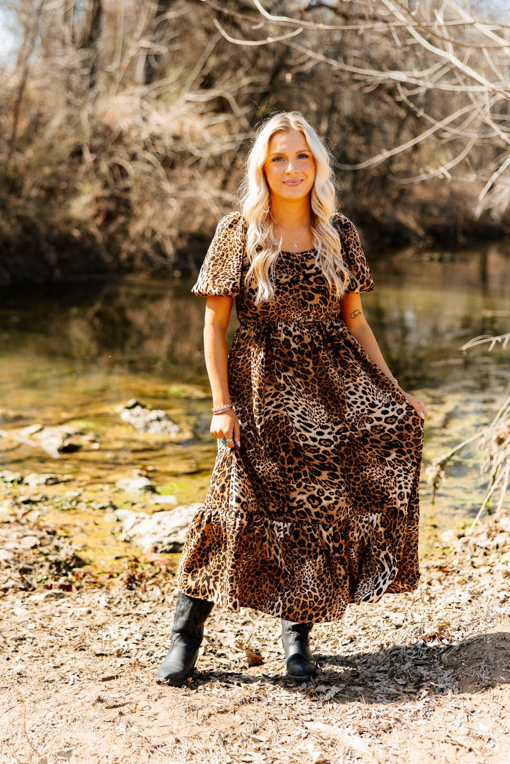 The Sloane Leopard Puff Sleeve Midi Dress