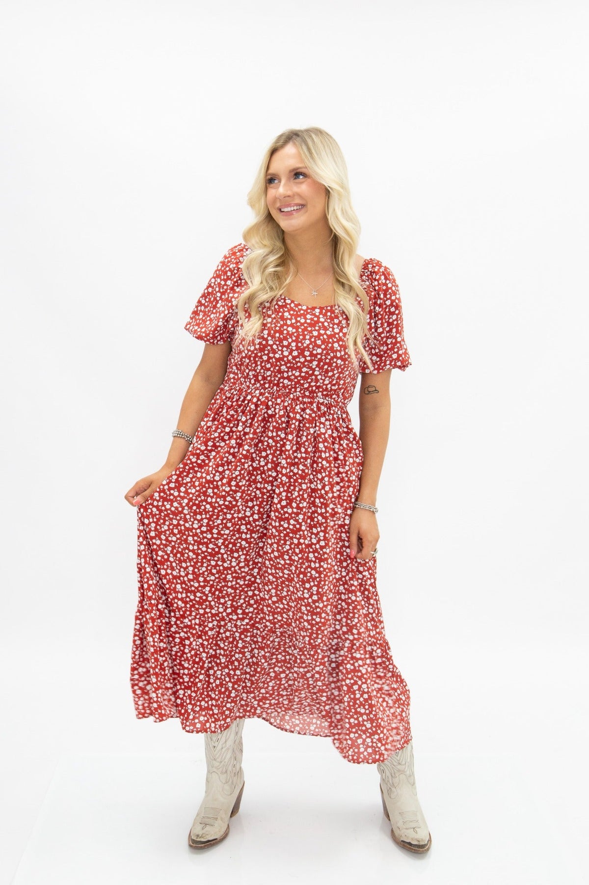 The Juliette Red Floral Midi Dress