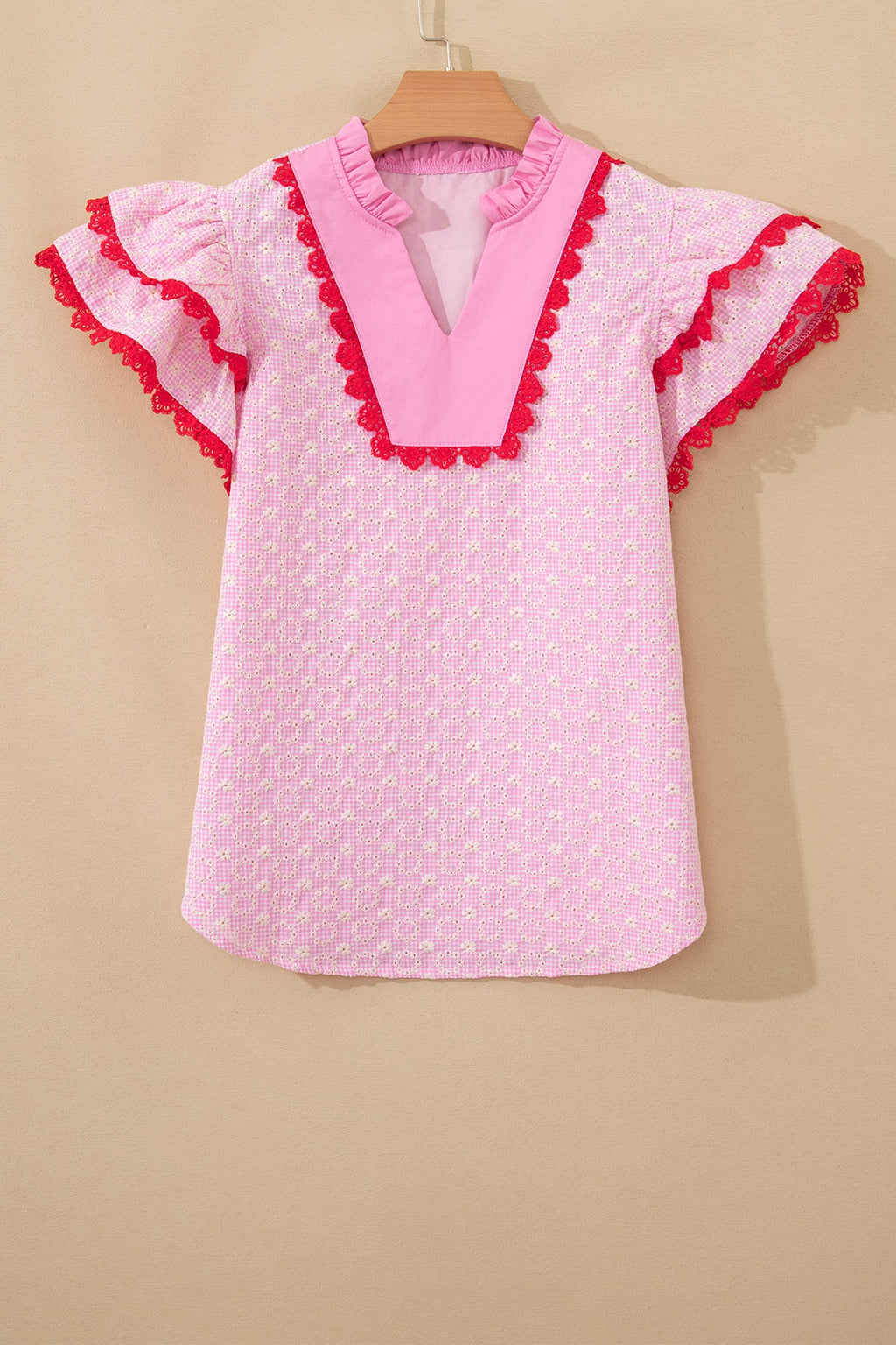 The Posie  Eyelet Embroidered Lace Flutter Sleeve Blouse