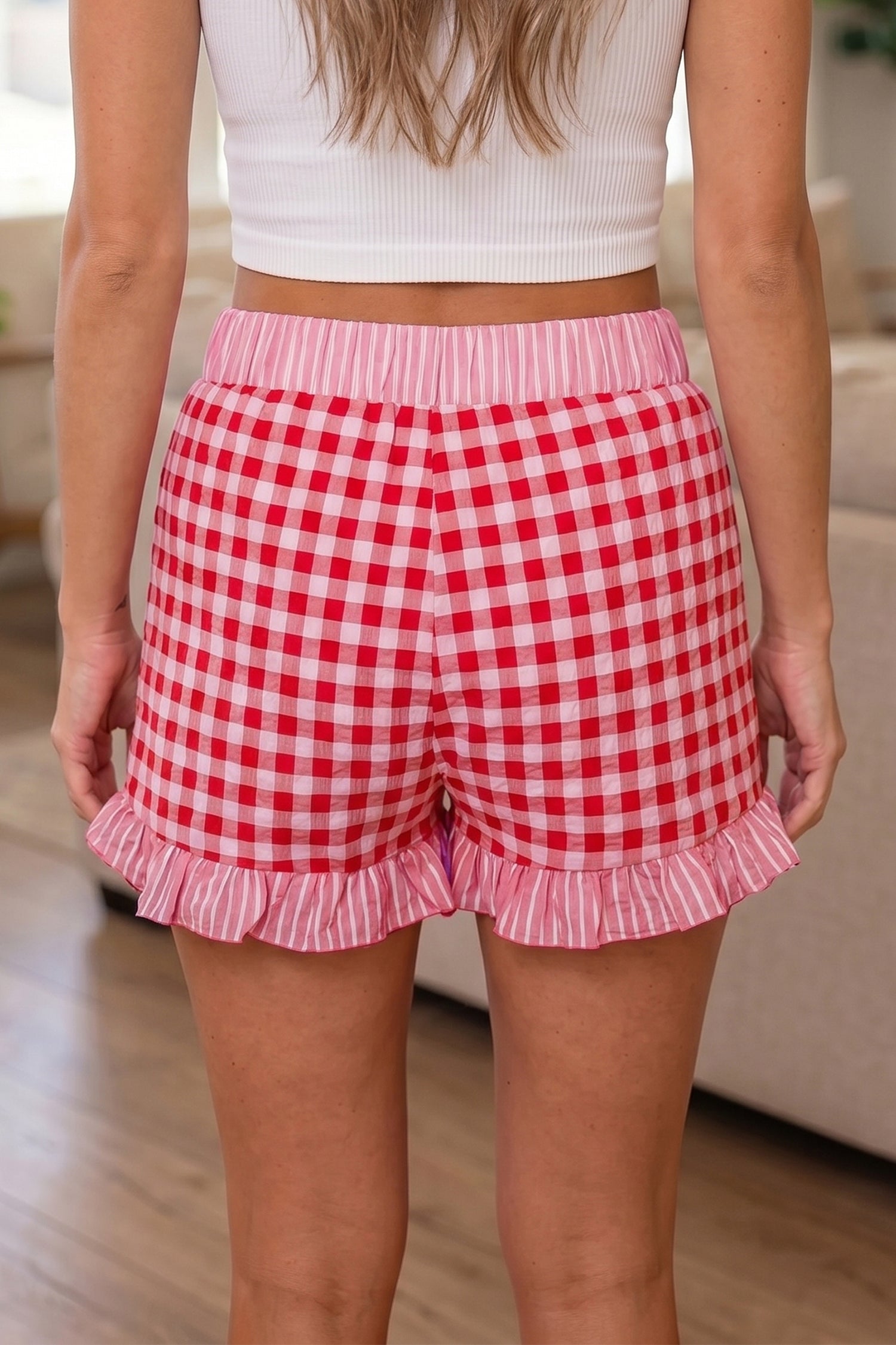 Gingham Ruffle Stripe Patchwork Lace Tie Shorts