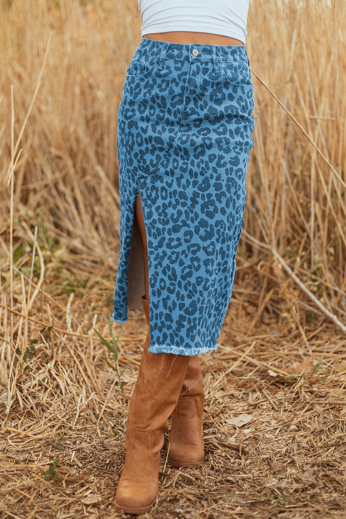 The Skyler Leopard Denim Midi Skirt