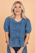 The Piper Skye Bow Peplum Denim Shirt