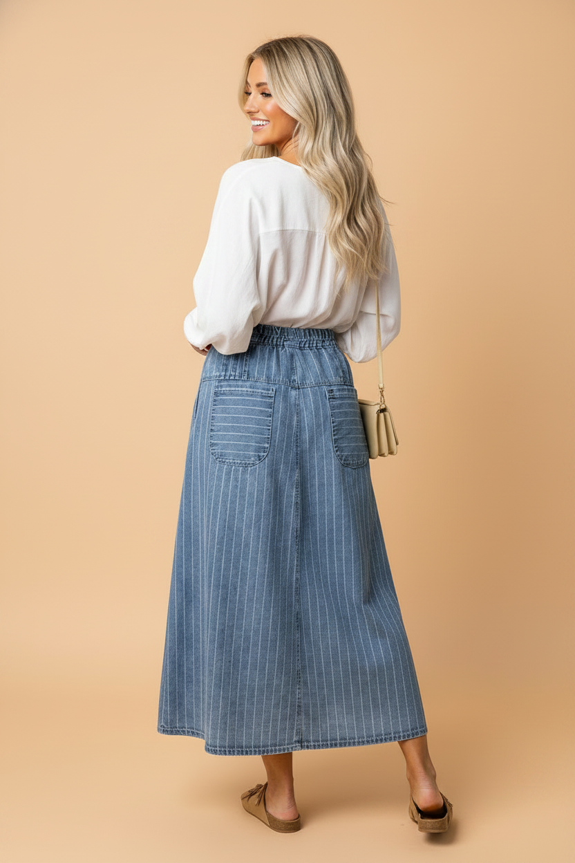 The Bridget Stripe Denim Skirt
