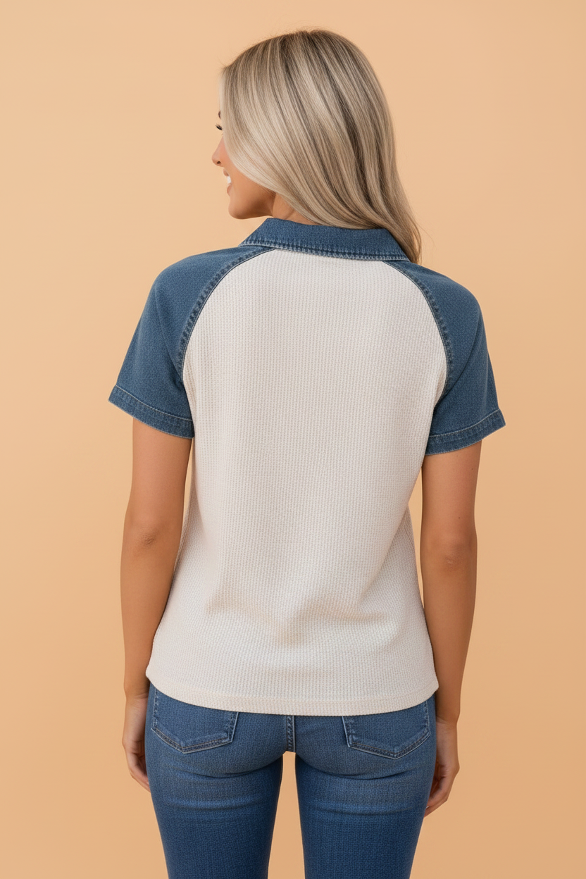 The Ayla Denim Textured Polo Top