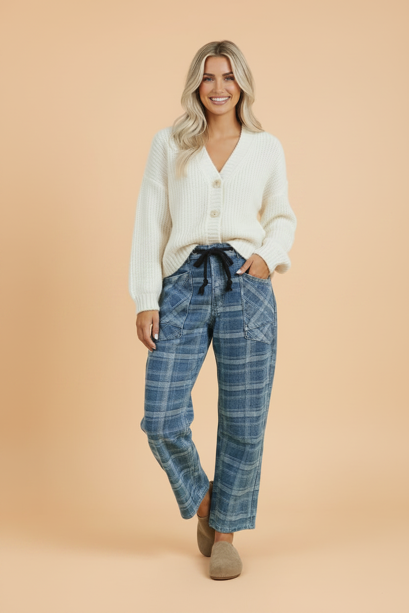 The Hazel Grace Denim Plaid Drawstring Jeans