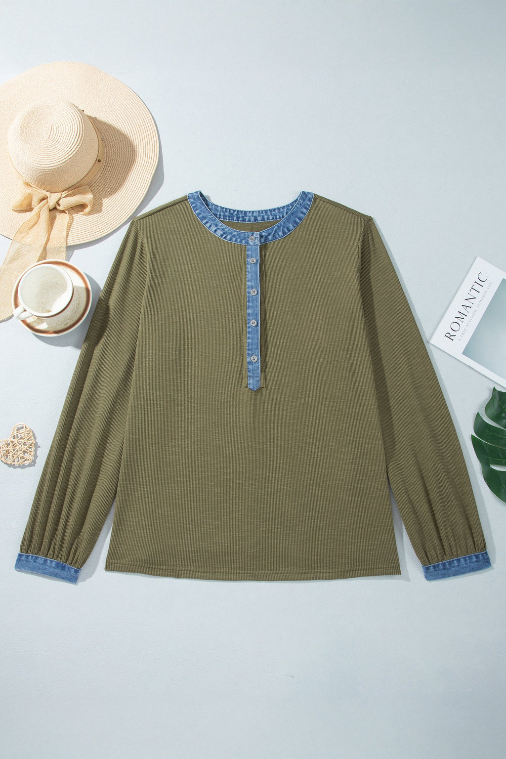 The Olive June Denim Henley Blouse
