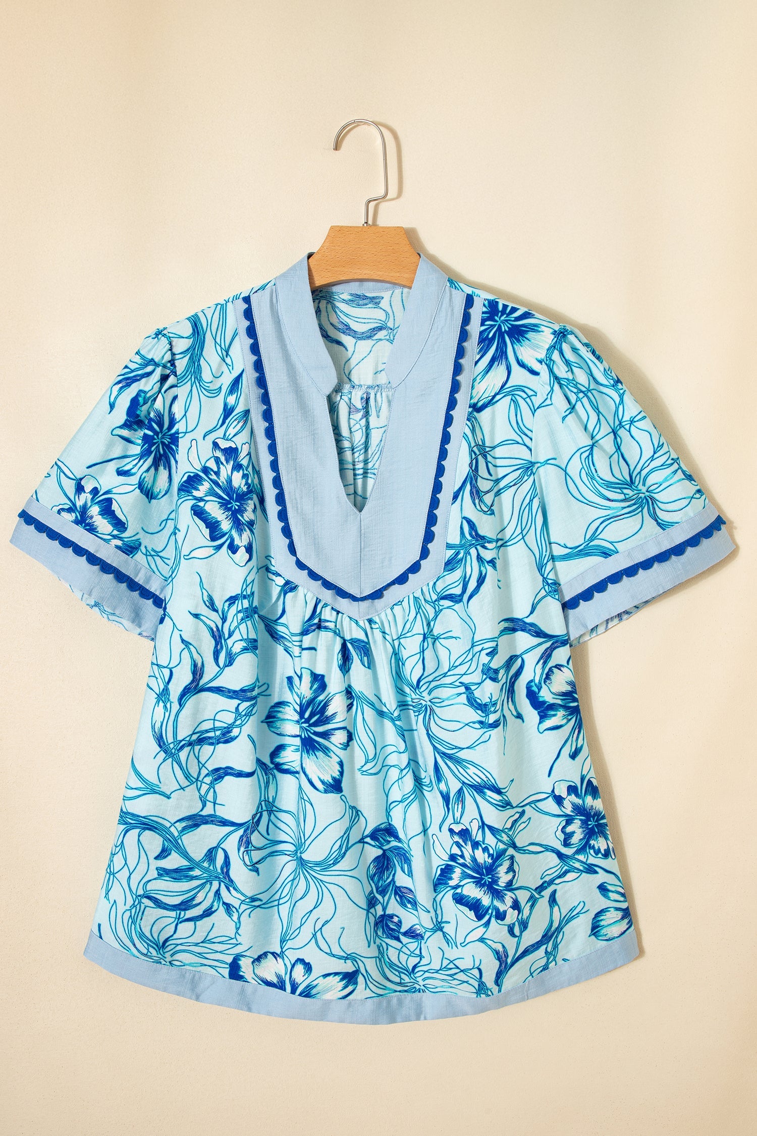 The Ivy Scallop Trim Floral Short Sleeve Blouse