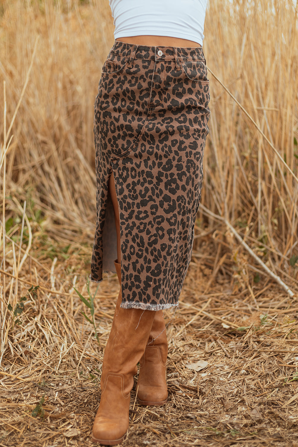 The Skyler Leopard Denim Midi Skirt