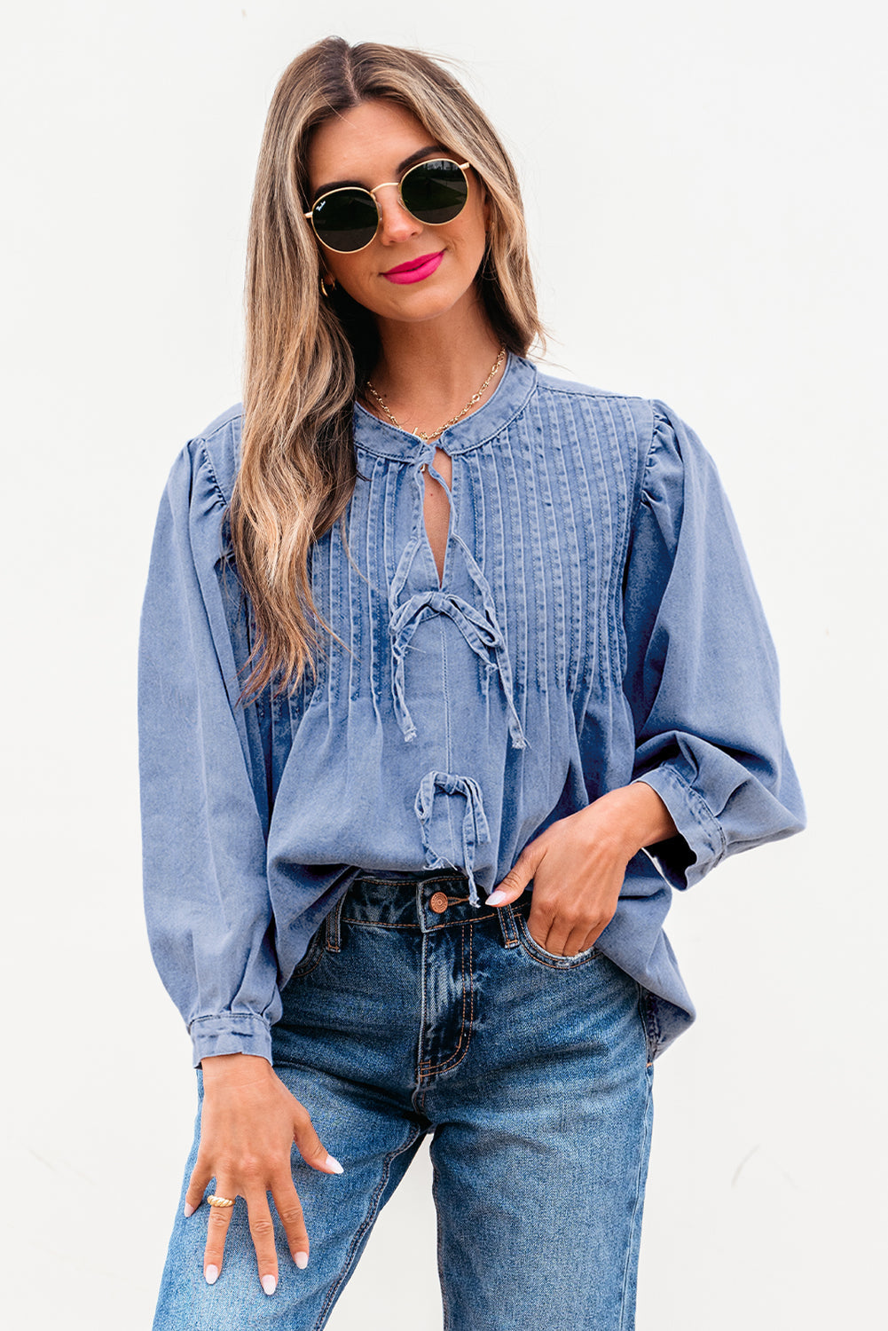 The Mae Denim Bow Tie Top