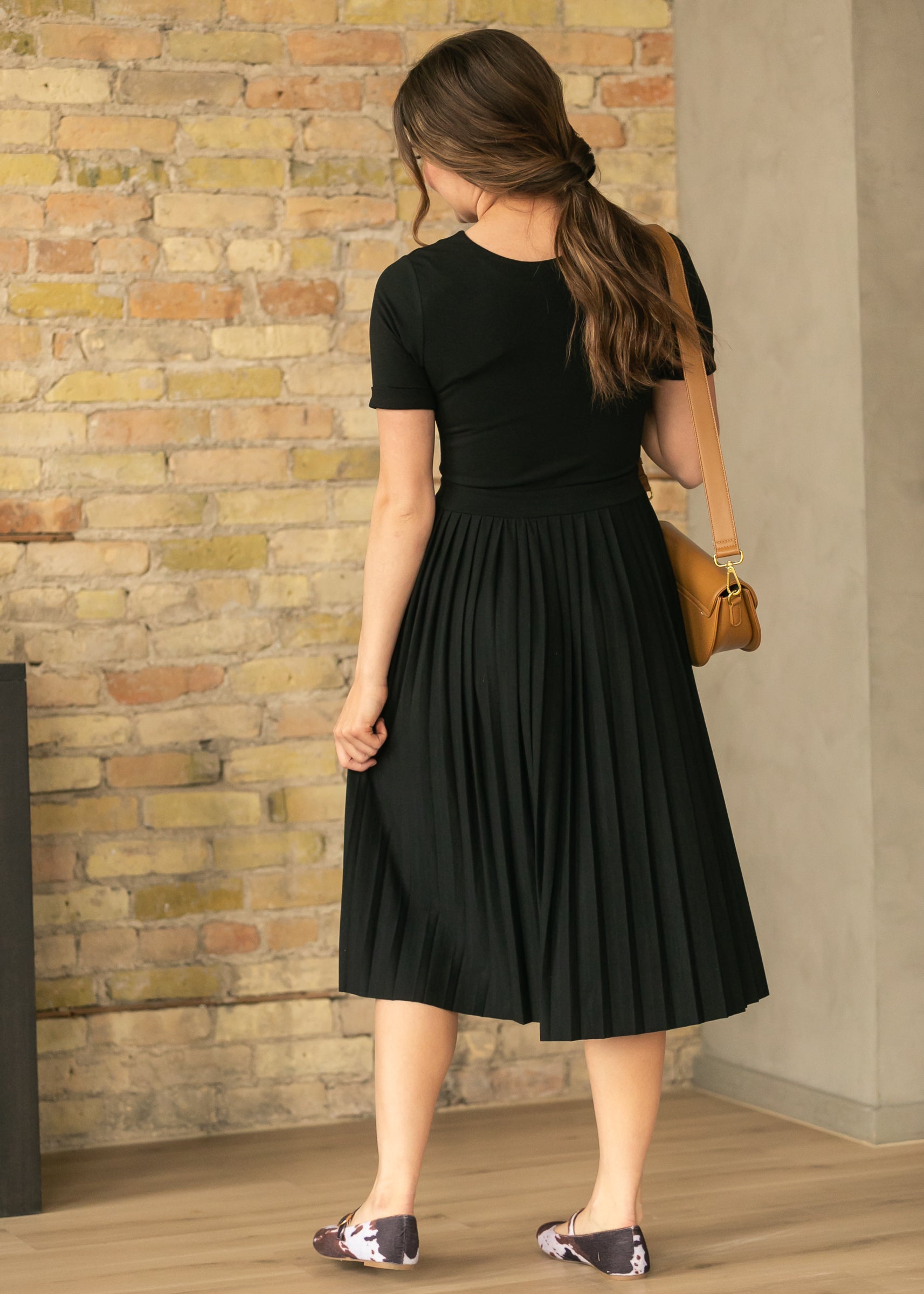 The Emersyn Black Pleated Midi Dress
