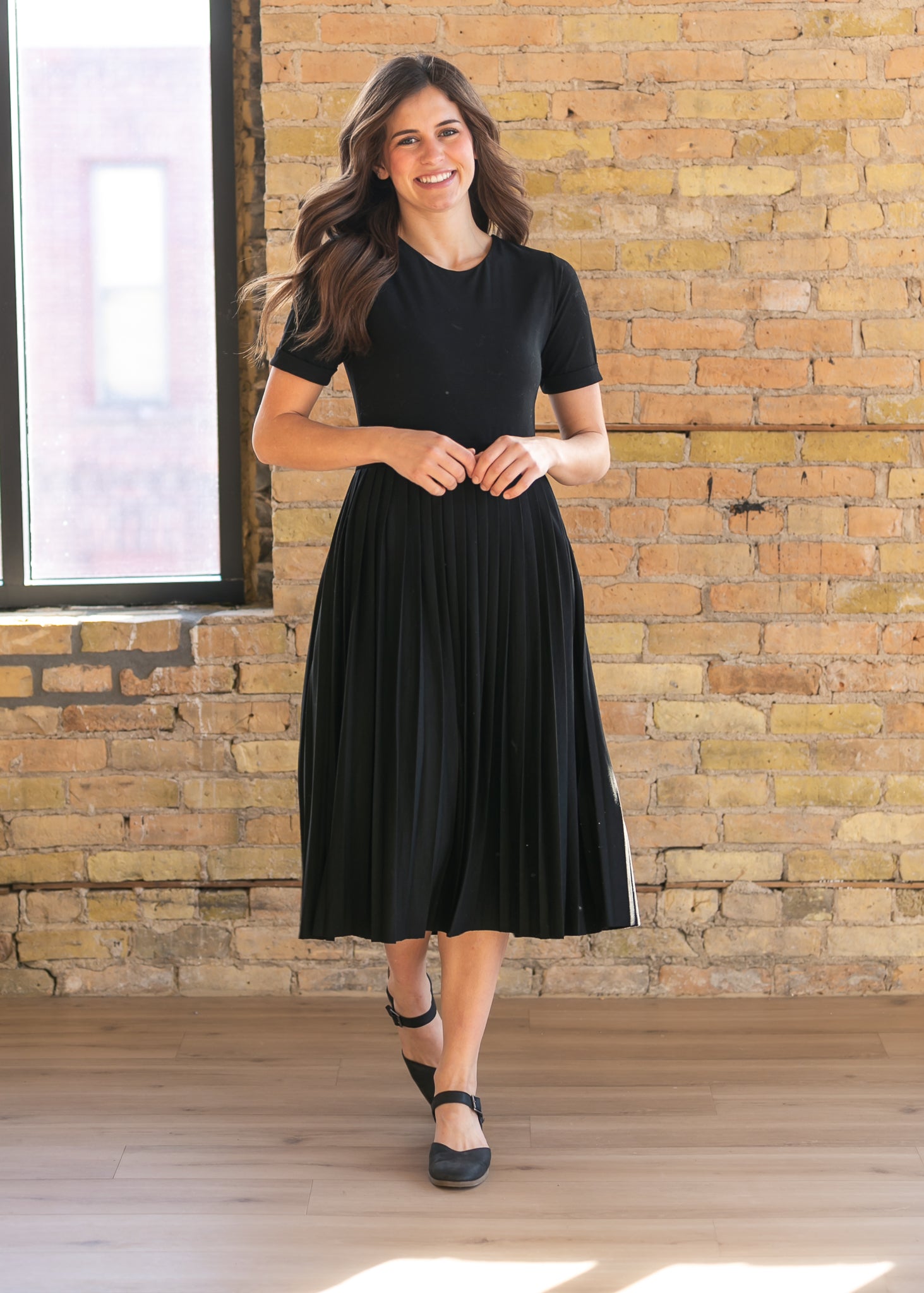 The Emersyn Black Pleated Midi Dress