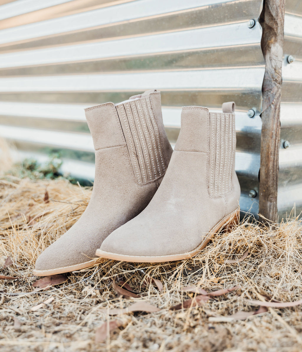 The Lexie Suede Ankle Boot in Taupe
