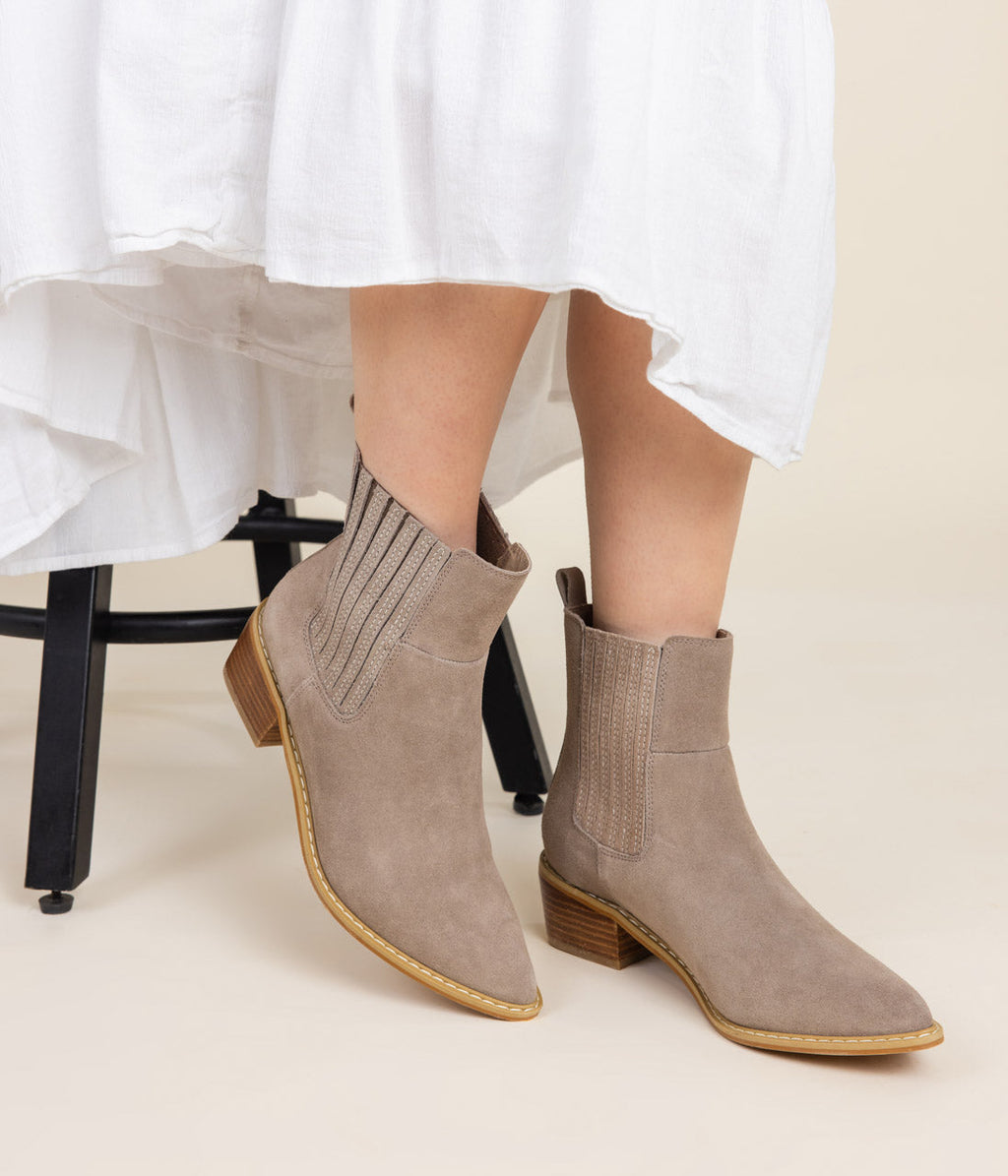 The Lexie Suede Ankle Boot in Taupe