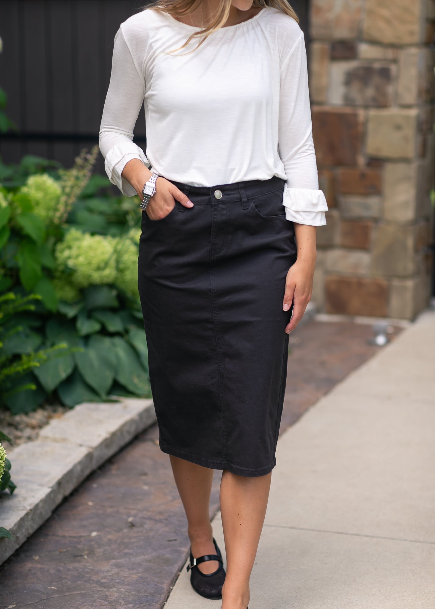The Remi Onyx Black Denim Midi Skirt