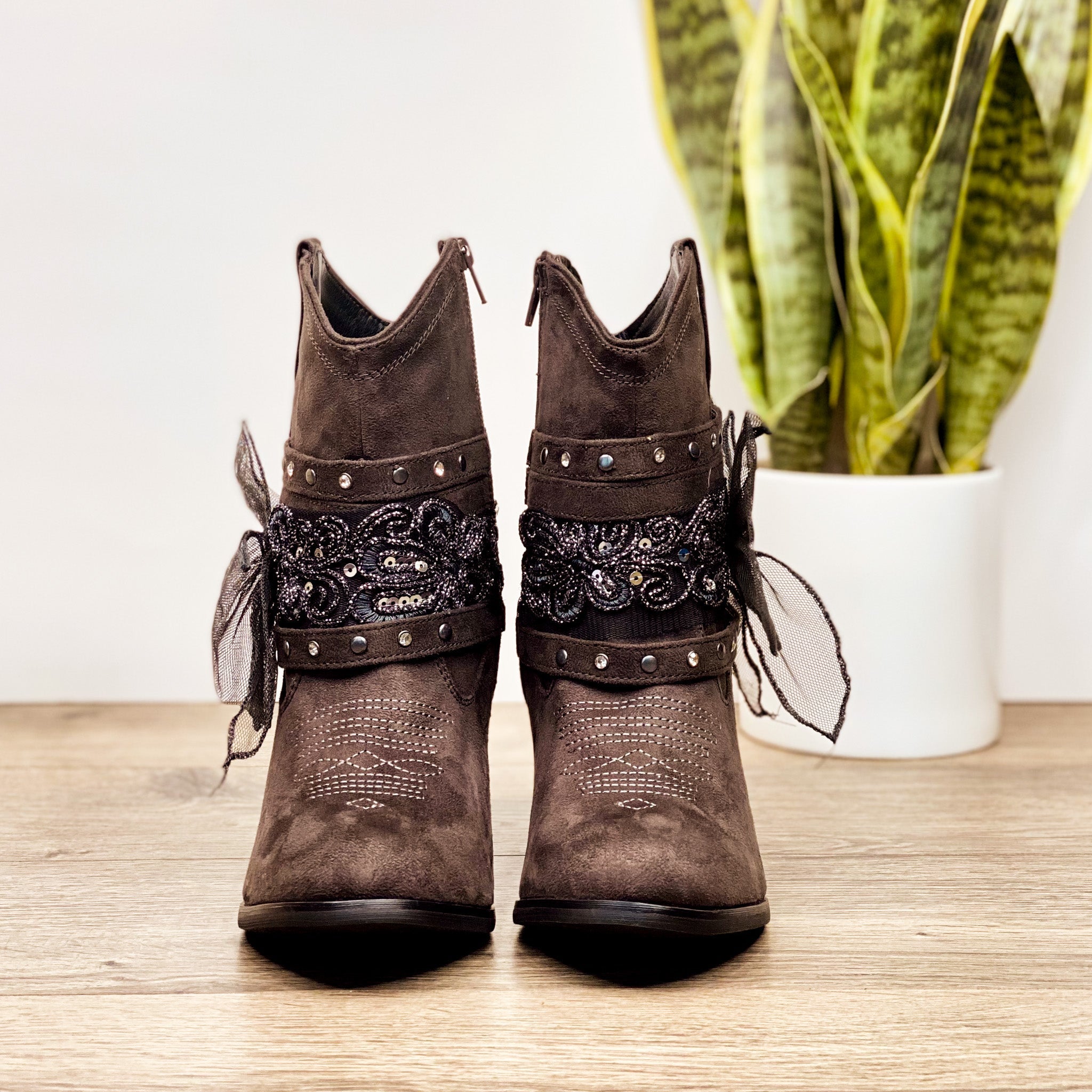 The Stash Studded Bow Bootie in Gray