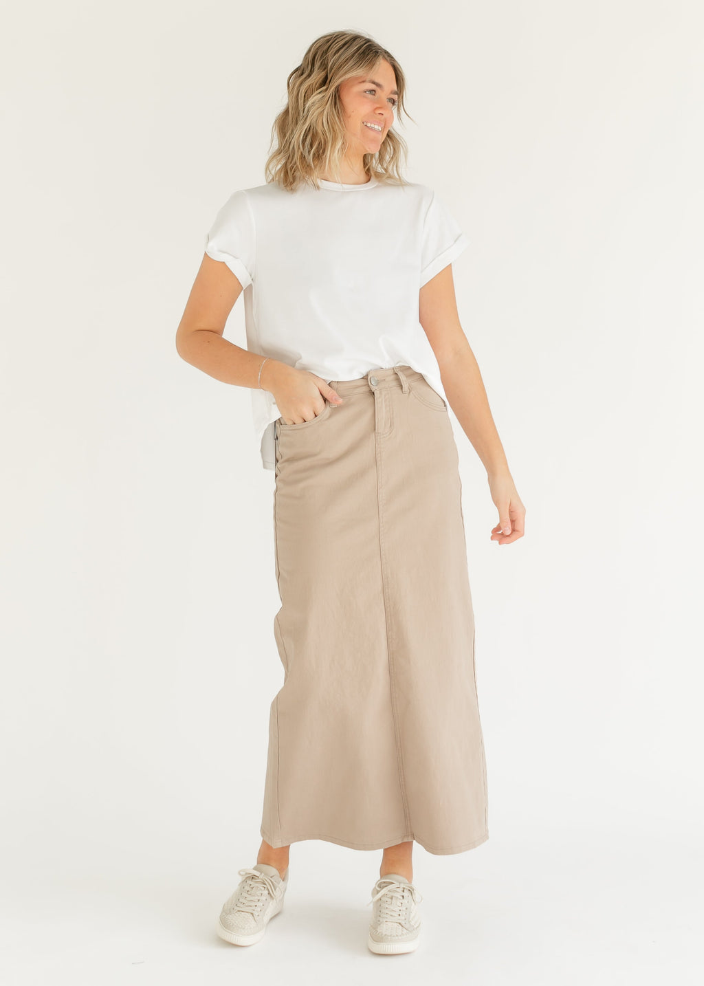 The Stella Simply Beige Denim Maxi Skirt