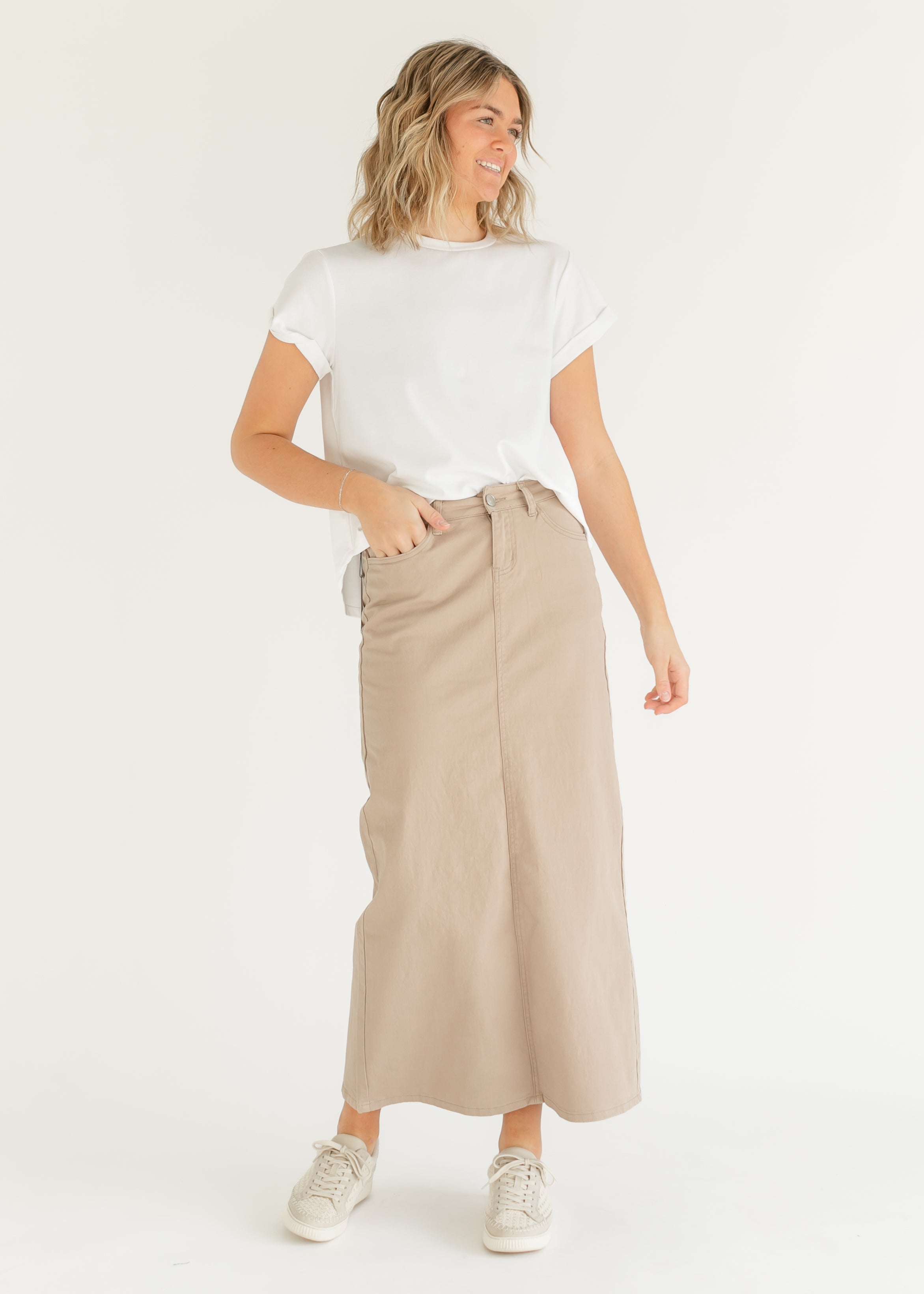 The Stella Simply Beige Denim Maxi Skirt